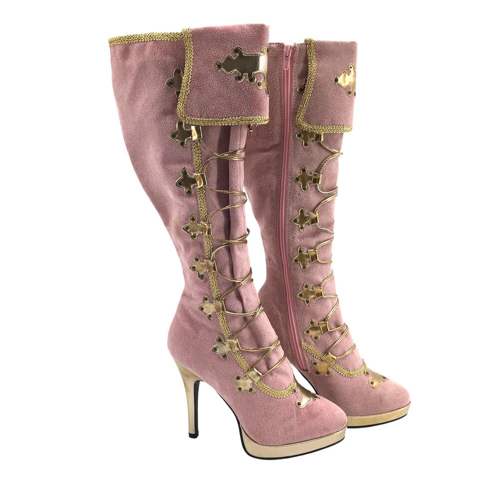 Funtasma Pleaser Carnival-200 Pink Suede Stiletto Boots Gold Corset Zip Up 7